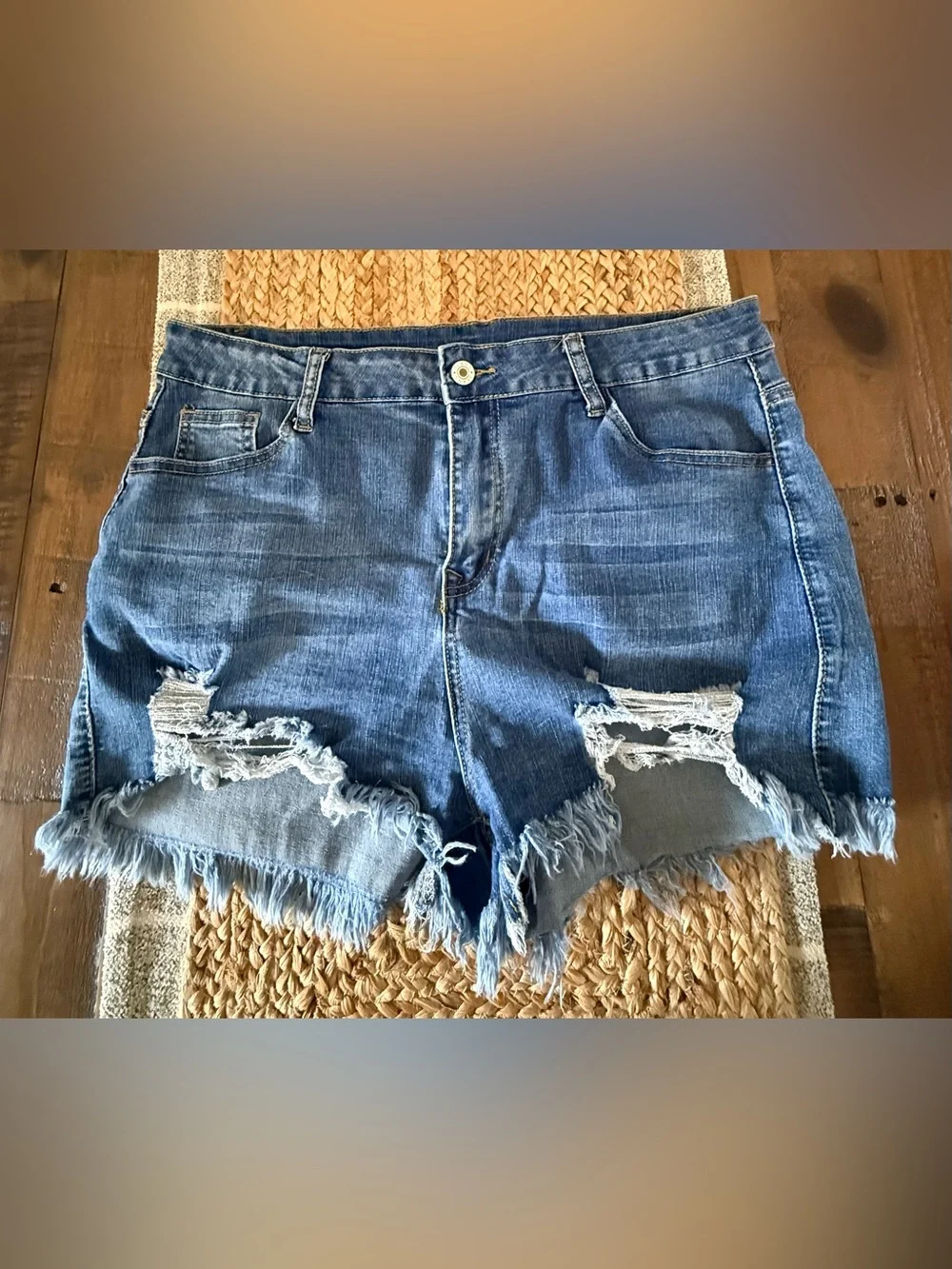 High Rise Ripped Frayed Stretchy Jean Shorts - Picture 2 of 8